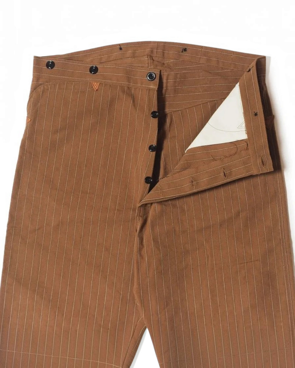 Pantalon Merci Paris Warehouse & Co 1228 en toile duck marron à rayures, style workwear vintage avec braguette à boutons