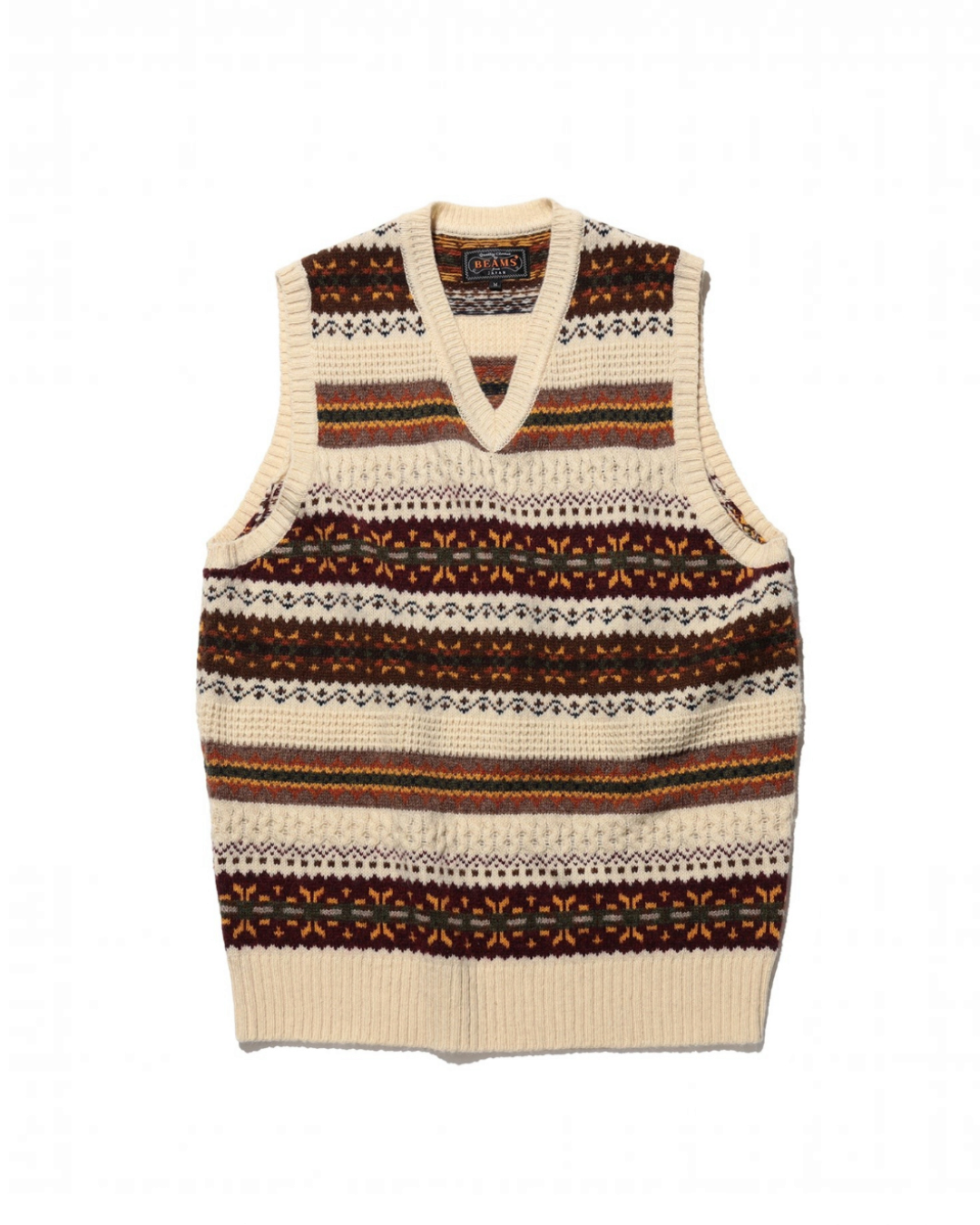 Pull sans manches Merci Paris Beams Plus en maille jacquard Fair Isle avec motifs géométriques et col en V écru