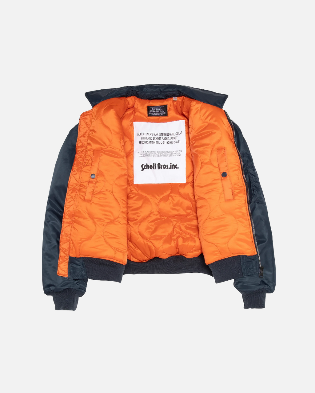 Bomber Merci Paris Schott CWU 90's bleu marine en nylon recyclé avec doublure orange matelassée et étiquette intérieure