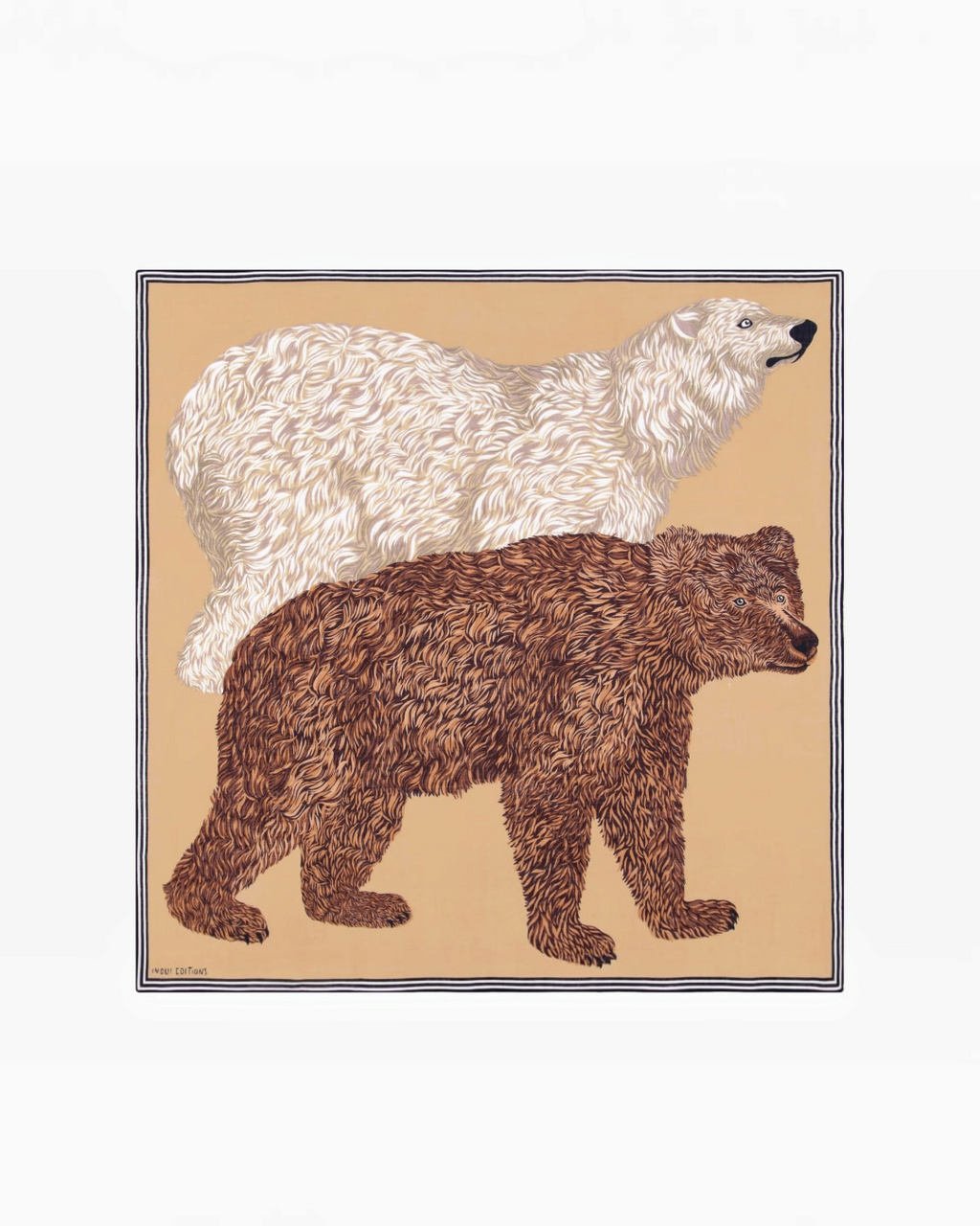 Carré en laine Merci Paris Inoui Editions beige illustré d'un ours polaire et d'un ours brun, format 100x100 cm