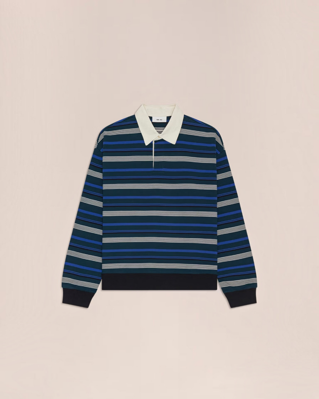 Polo Merci Paris NN.07 David à rayures bleues, manches longues en coton biologique avec col blanc contrastant