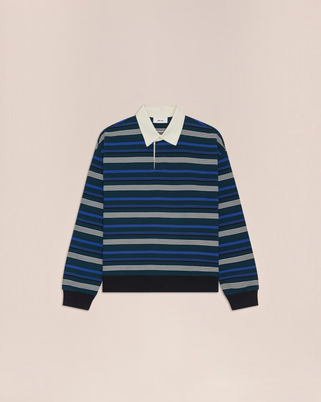 Polo Merci Paris NN.07 David à rayures bleues, manches longues en coton biologique avec col blanc contrastant