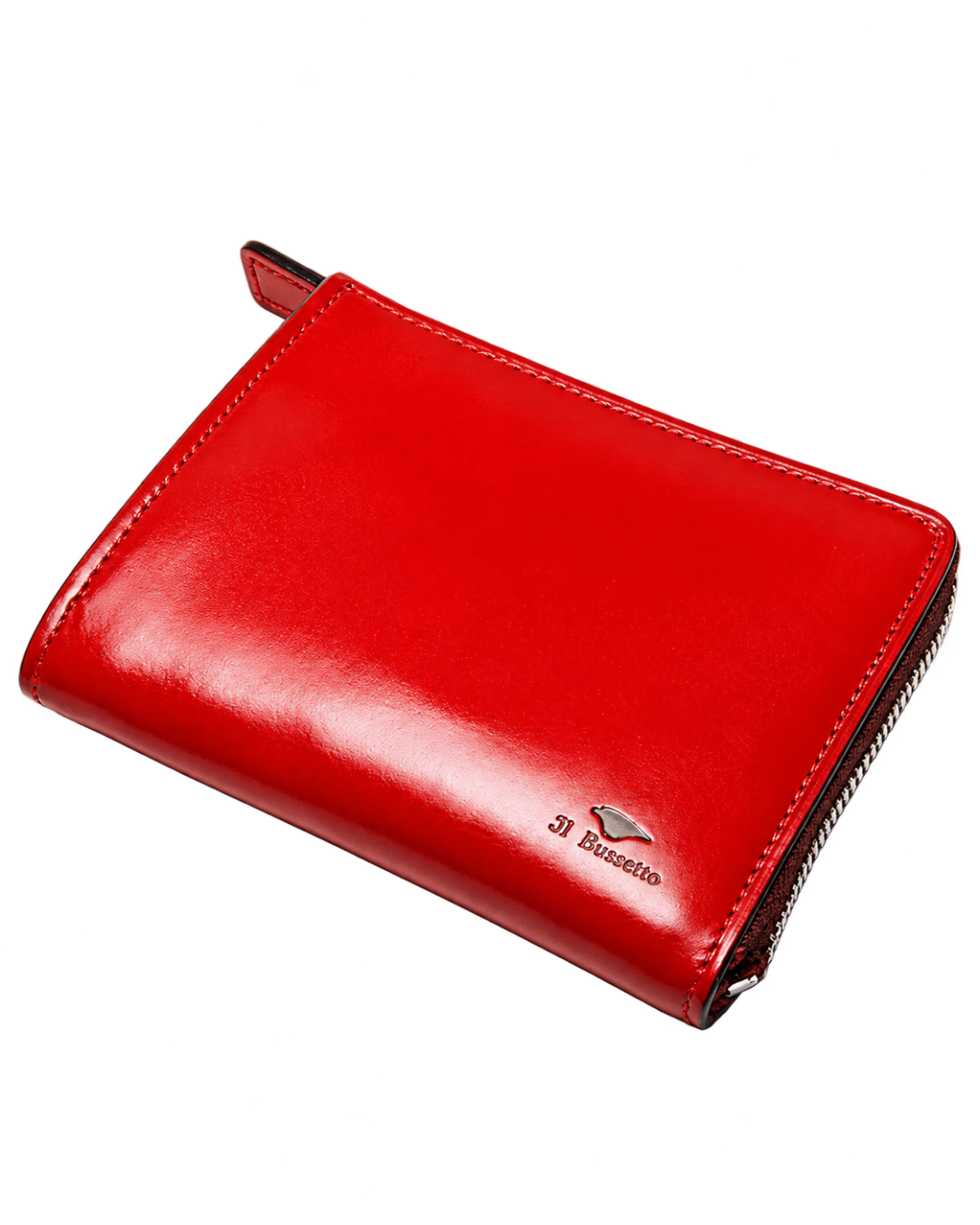 Portefeuille zippé Merci Paris Il Bussetto en cuir rouge tannage végétal avec logo métallique