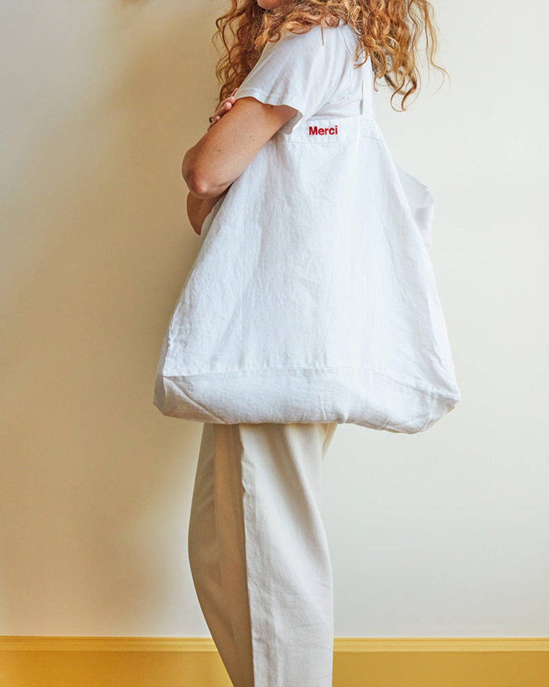 Merci - Washed linen Merci shopping bag - Optical White