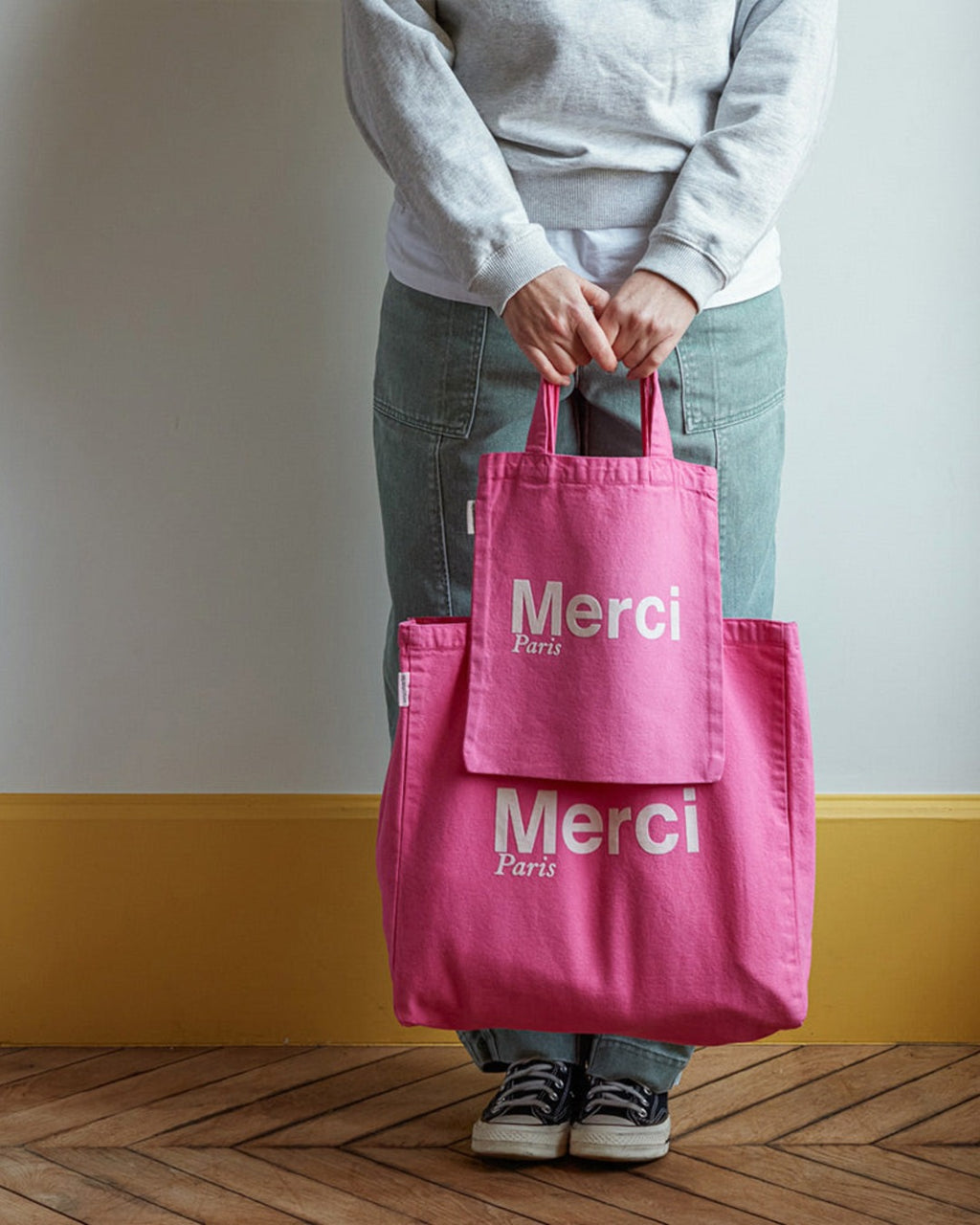 Merci - Tote Bag En Coton - Rose & Écru