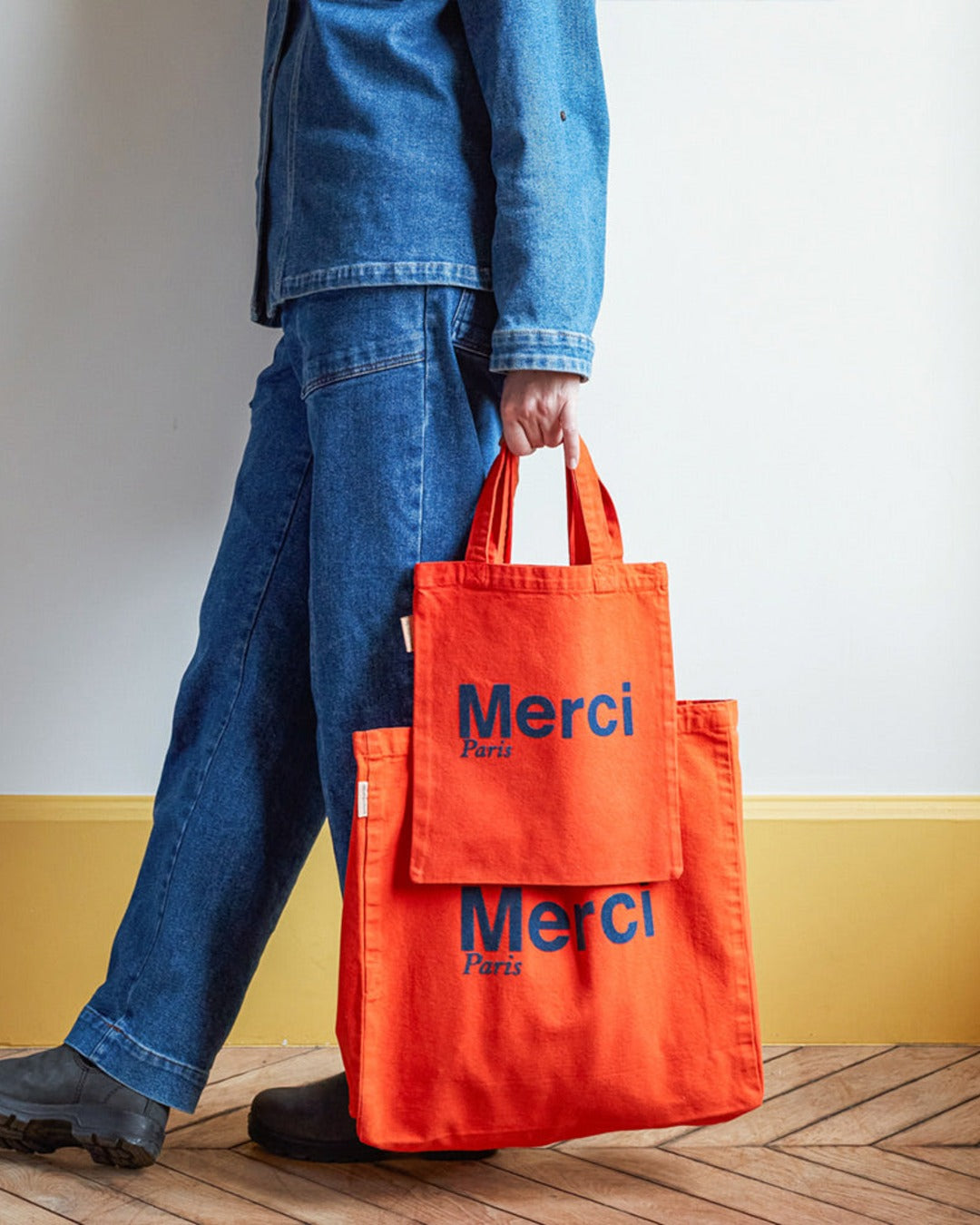 Merci - Tote Bag En Coton - Orange & Bleu Marine