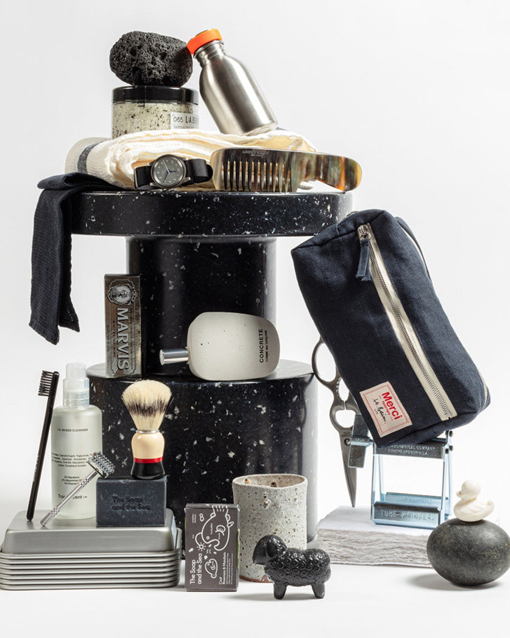 Merci - Trousse De Toilette En Lin Lavé - Bleu Encre