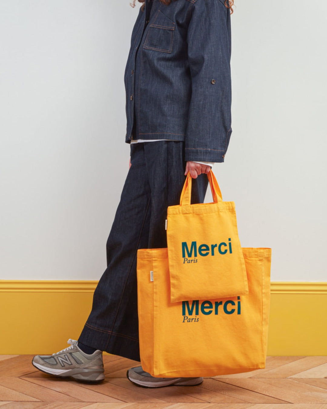 Merci - Tote Bag En Coton - Jaune & Bleu Canard