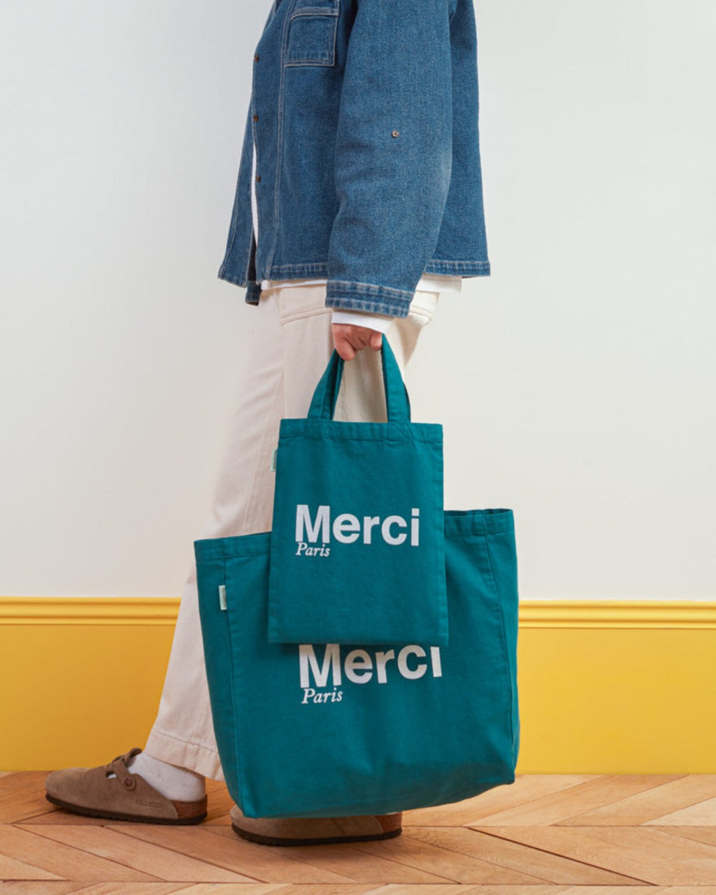 Merci - Cotton Tote Bag - Teal & White