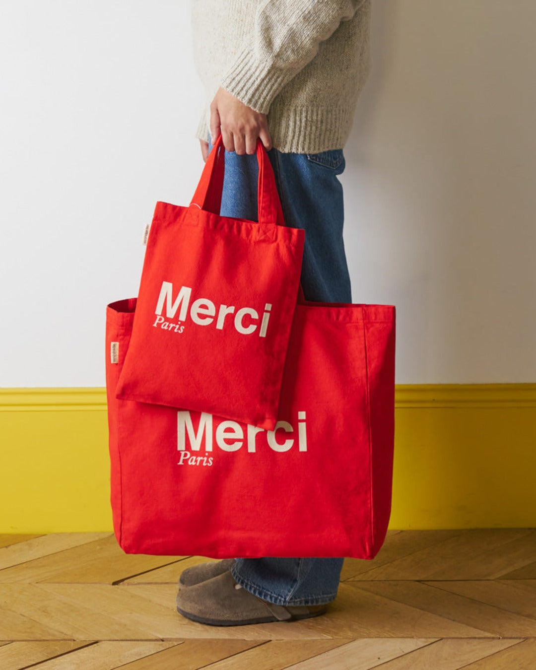Merci - Tote Bag En Coton - Rouge & Ecru