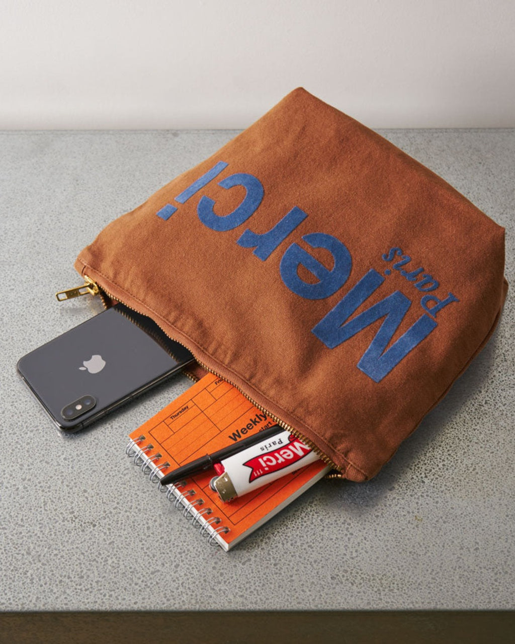 Merci - Pochette En Coton - Marron & Marine