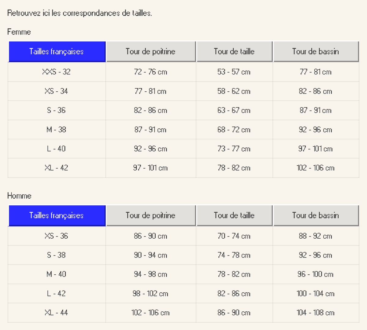 Guide des tailles