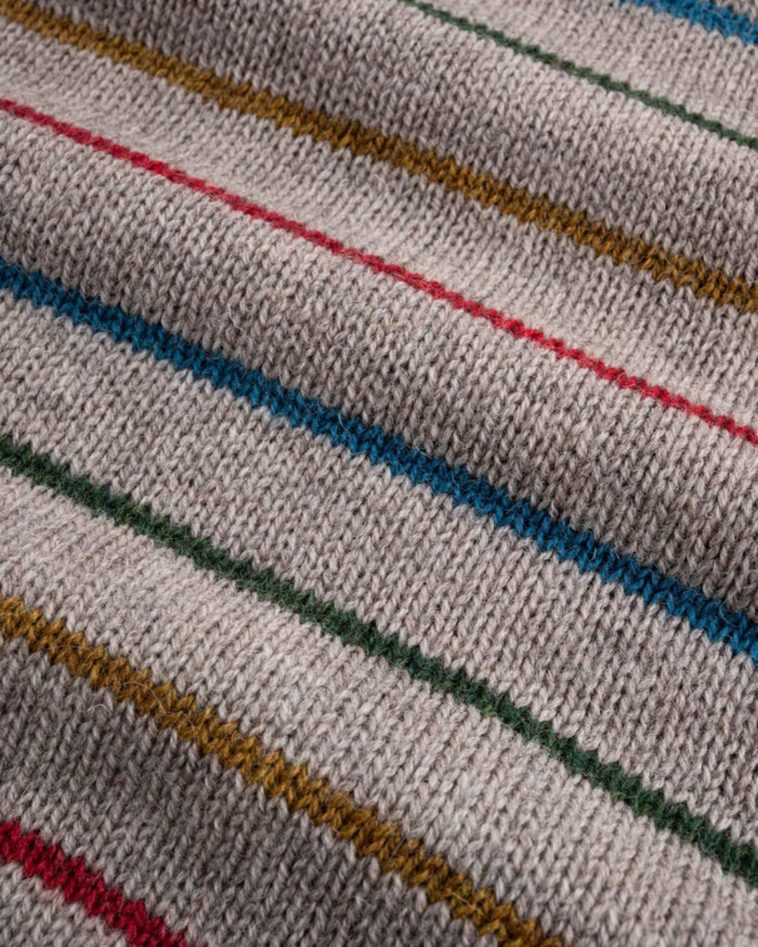 Gros plan sur la maille grise rayée du pull Merci Paris Howlin' en laine et mohair avec des détails colorés.