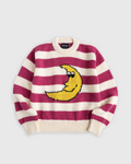 Pull Merci Paris Howlin' Uncle Moon en laine vierge rayé rose et crème avec motif lune jaune sur le devant