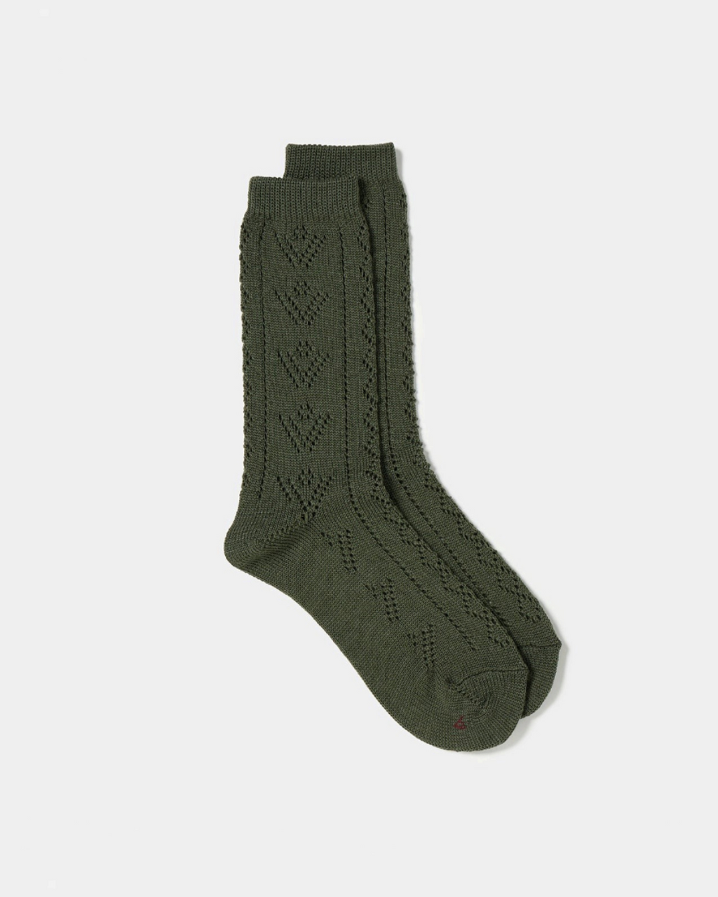 Chaussettes Merci Paris Babaco en maille de laine vert olive avec motif ajouré délicat, fabriquées au Japon