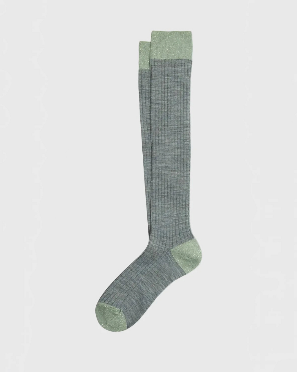 Chaussettes longues Merci Paris Ant45 en laine grise avec détails en lurex vert brillant sur le talon et le revers