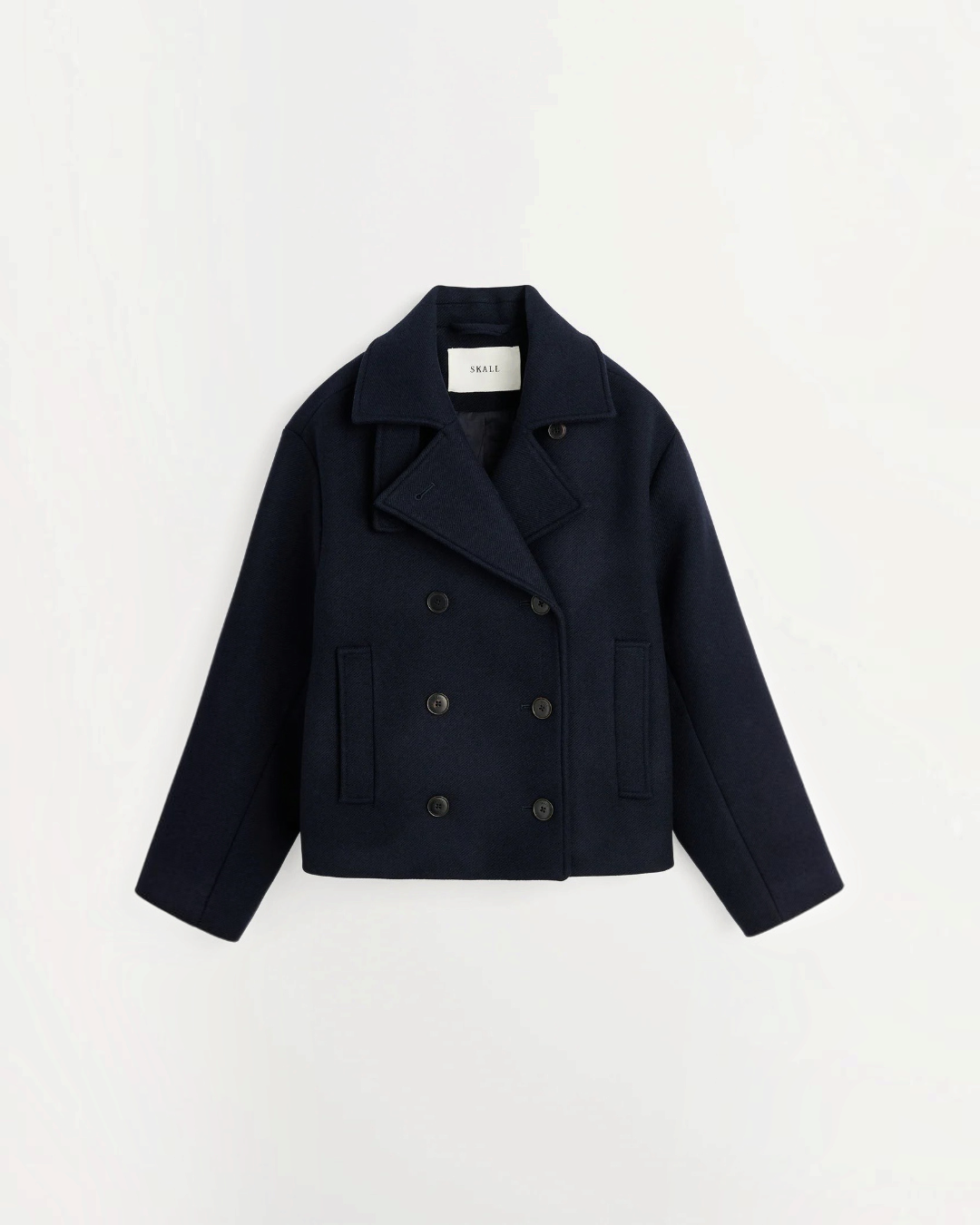 Short jacket Merci Paris Skall Studio Brooke bleu navy jacket in recycled wool with double breasted and lapel collar