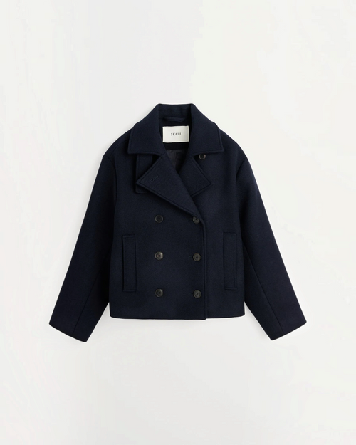 Short jacket Merci Paris Skall Studio Brooke bleu navy jacket in recycled wool with double breasted and lapel collar