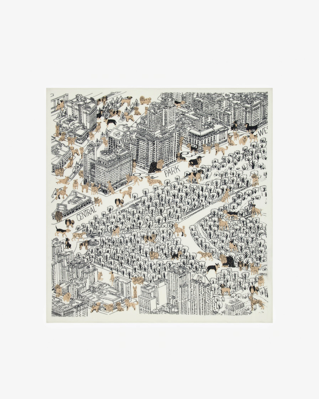 Carré en laine Merci Paris Inoui Editions blanc avec illustration détaillée de Central Park et chiens