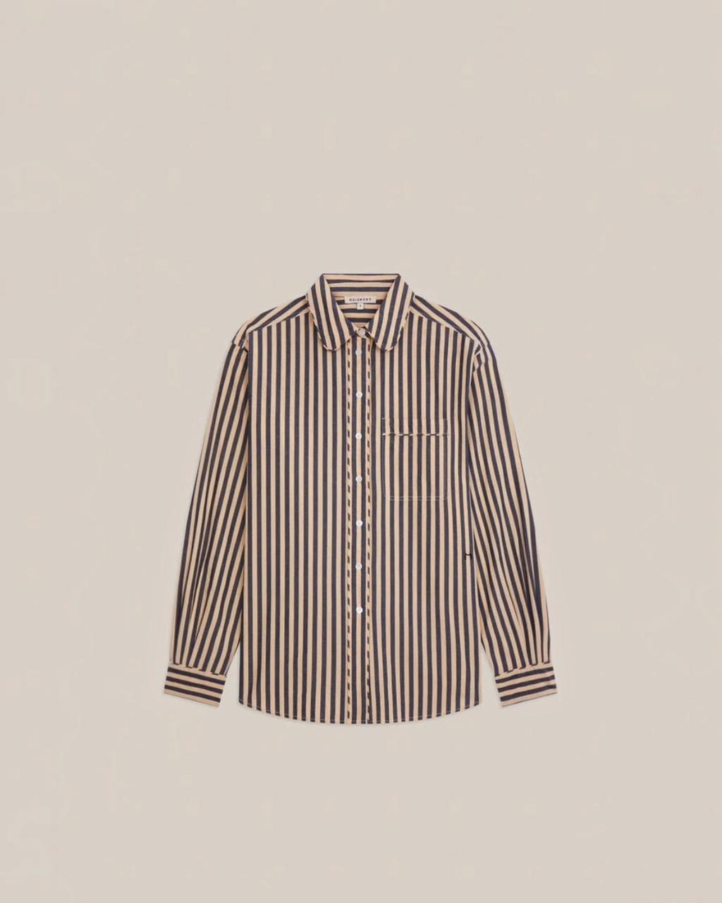 Chemise Henriette Moismont en coton rayé bleu et beige avec col rond et poche poitrine, vendue par Merci Paris