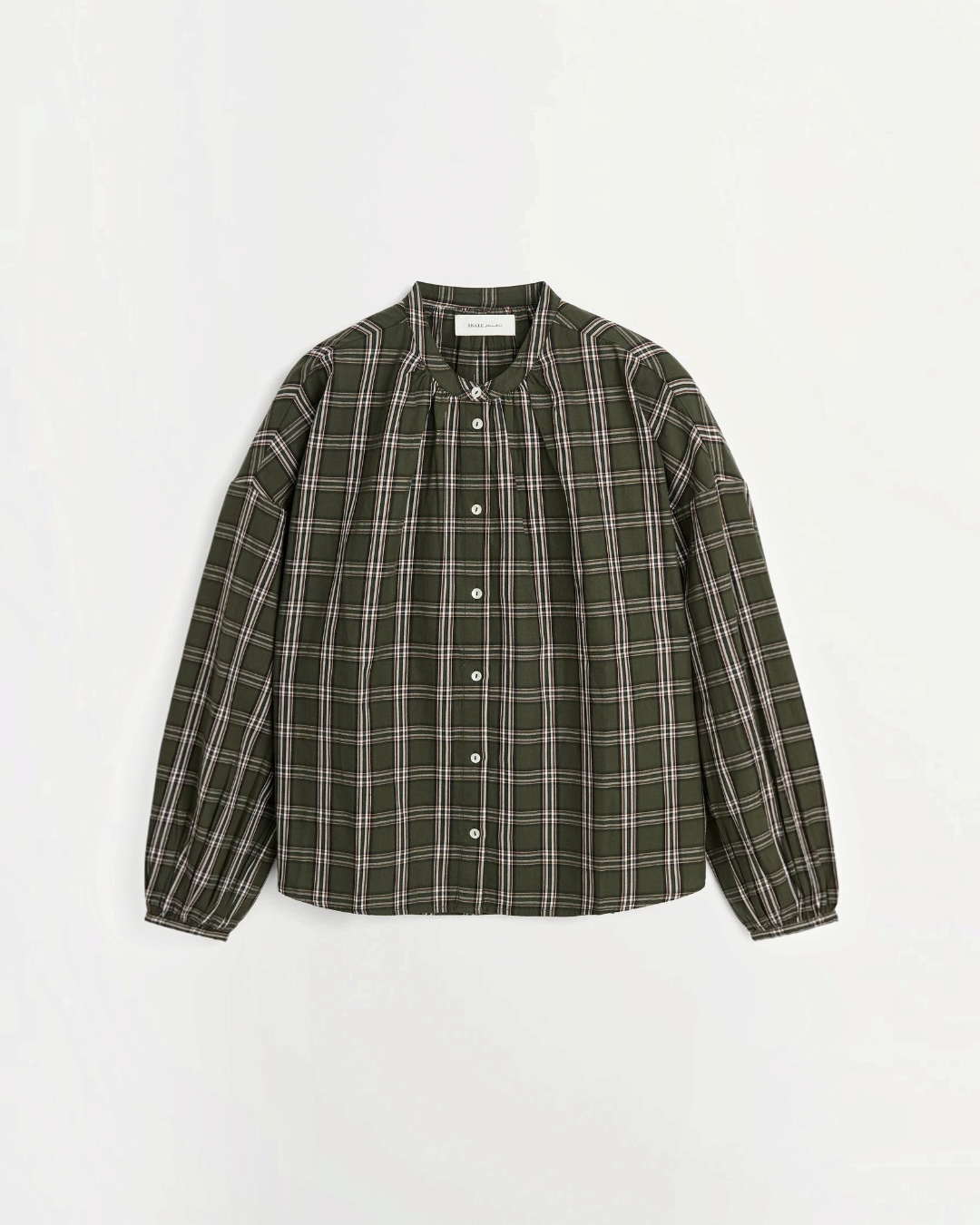 Chemise Merci Paris Skall Studio Cilla en coton biologique vert et blanc à carreaux, coupe ample et col rond