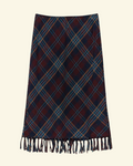 MIDI skirt Merci Paris Dôen in vintage check brown wool blend with knotted fringe hem