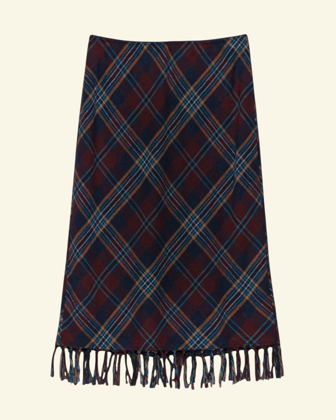MIDI skirt Merci Paris Dôen in vintage check brown wool blend with knotted fringe hem
