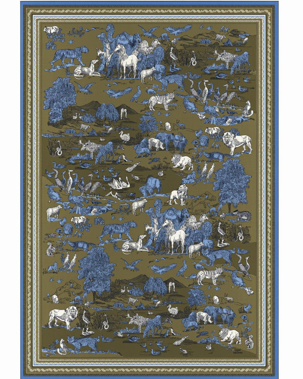 Écharpe Merci Paris Inoui Editions Rêverie en laine kaki avec imprimé animalier bleu et blanc