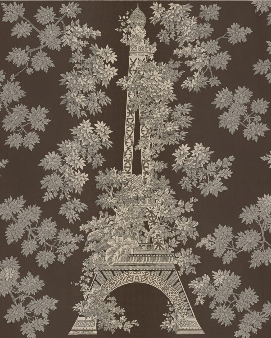 Écharpe Merci Paris Inoui Editions en laine marron avec motif illustré de la tour Eiffel dans un décor végétal