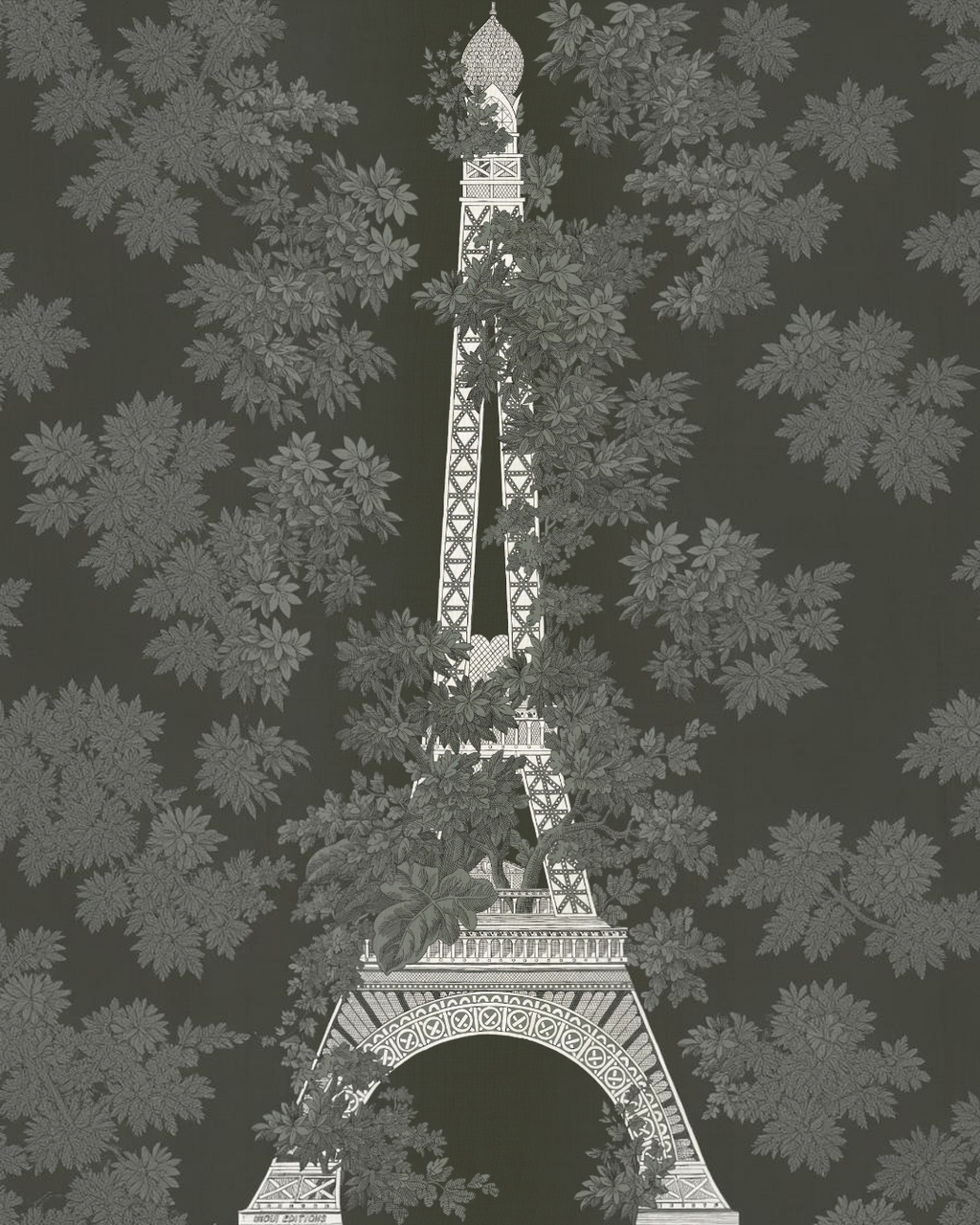Echarpe Merci Paris Inoui Editions 100% laine kaki avec motif tour Eiffel et feuillage style toile de Jouy