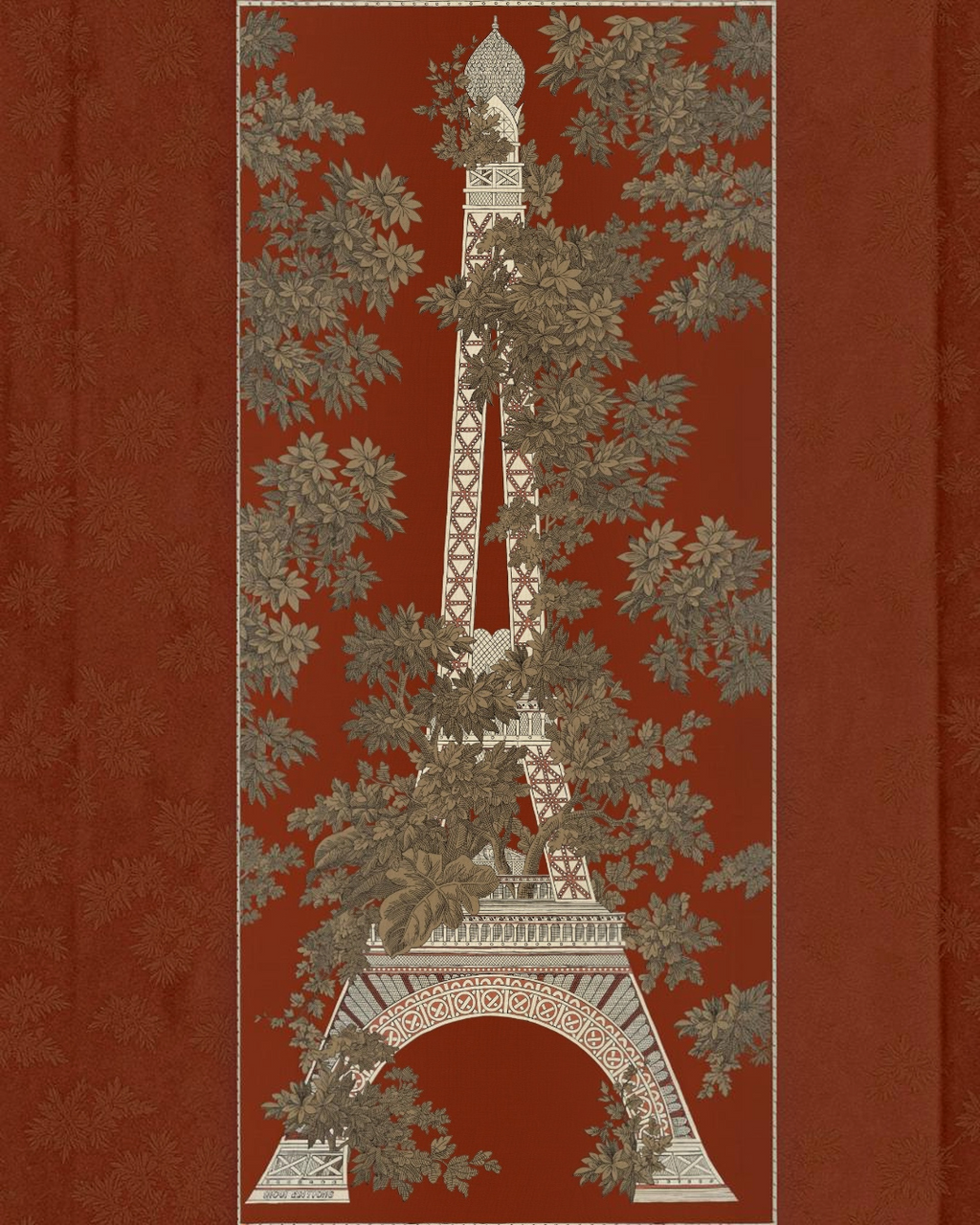 Écharpe Merci Paris Inoui Editions en laine terracotta avec motif tour Eiffel et feuillage style toile de Jouy