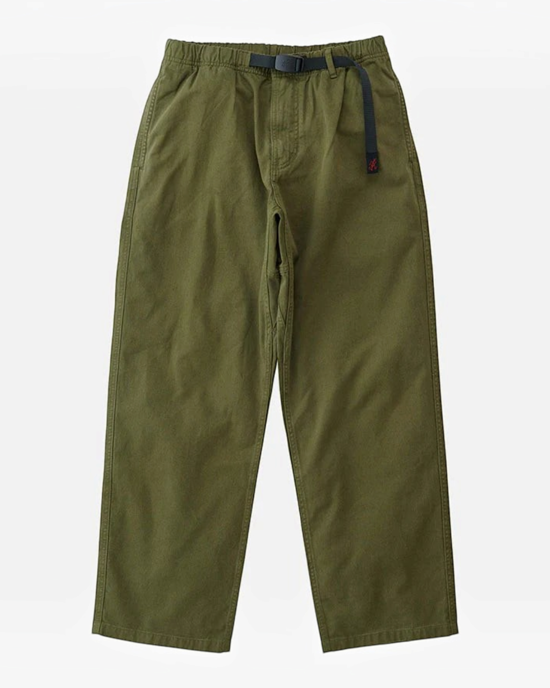 Pantalon droit Merci Paris Gramicci en sergé de coton olive avec ceinture intégrée ajustable et taille élastiquée