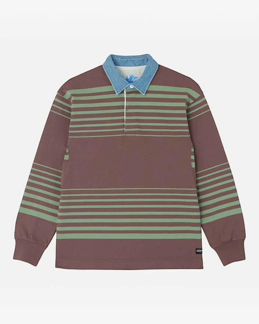 Maillot de rugby Gramicci par Merci Paris en coton épais marron et vert à rayures avec col bleu contrastant
