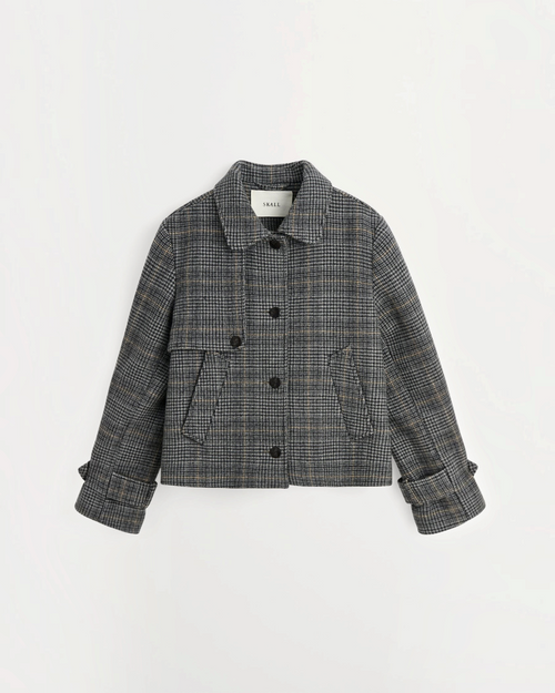 Short jacket Merci Paris Skall Studio Harriet in gray recycled wool with check pattern, classic collar and buttons