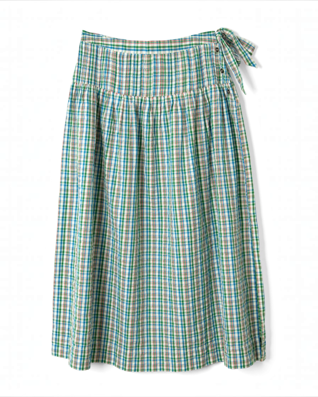 Jupe midi Merci Paris Damson Madder Josie à carreaux vichy vert, bleu et rouge avec taille froncée et lien à nouer.