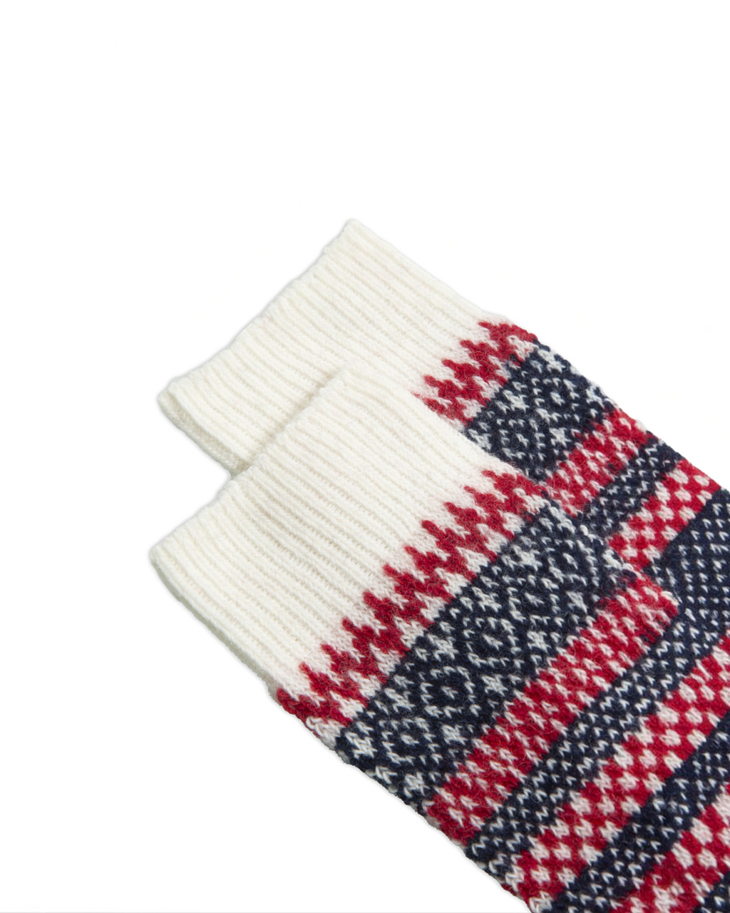 Chaussettes courtes Merci Paris Ant45 en laine et cachemire crème avec motifs jacquard nordiques rouges et bleus