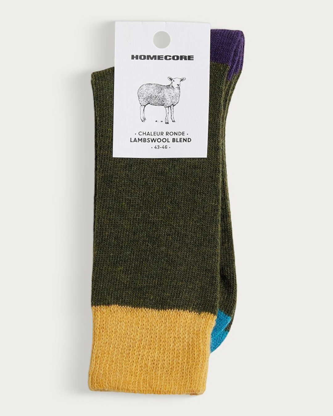 Chaussettes Merci Paris Homecore en laine d'agneau coloris Khaki Multi avec détails contrastés