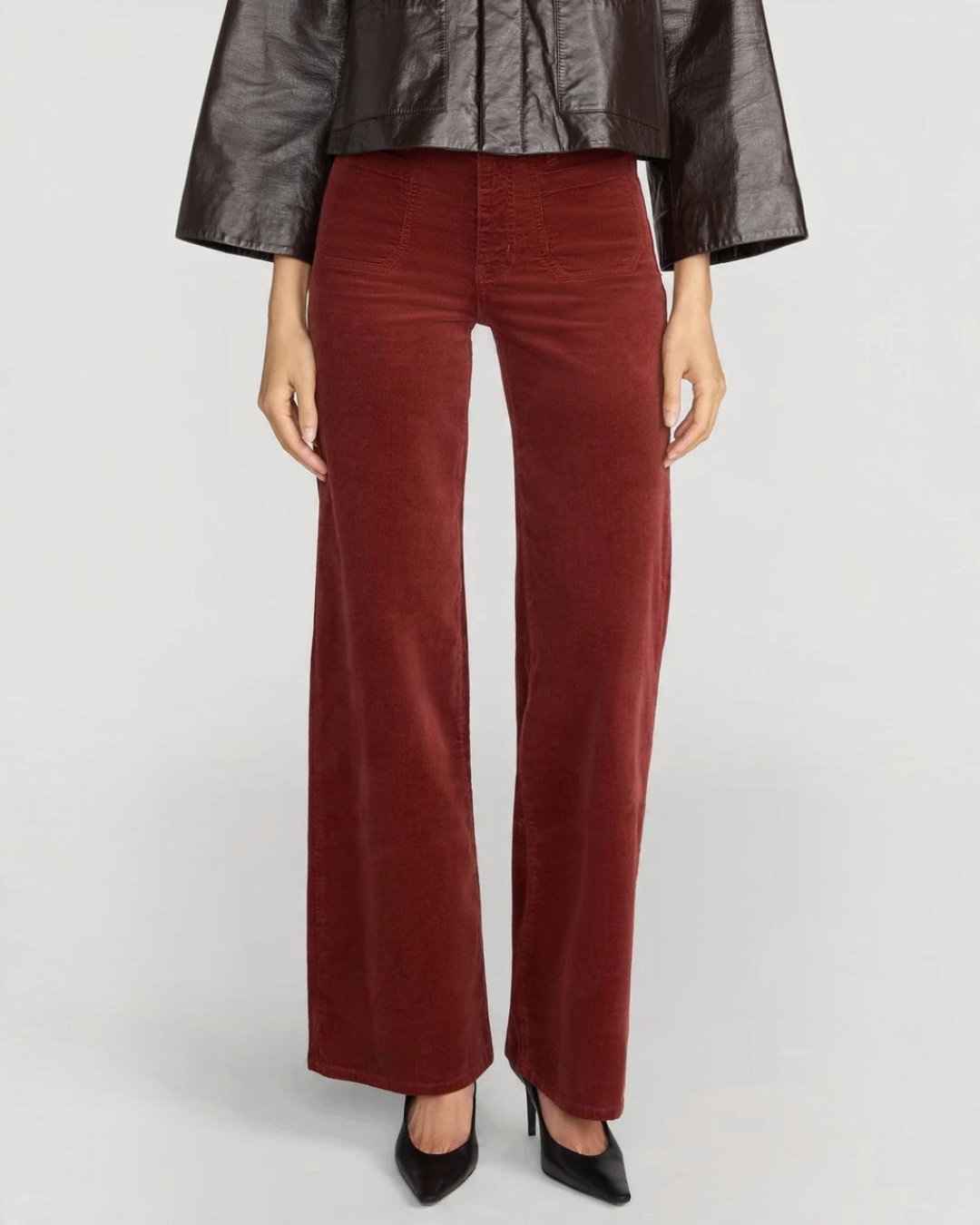 Pantalon Merci Paris Frame Slim Palazzo en velours côtelé couleur vin avec taille haute et poches plaquées
