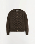 Cardigan en laine marron foncé Merci Paris avec maille torsadée, col rond et boutons en bois contrastants