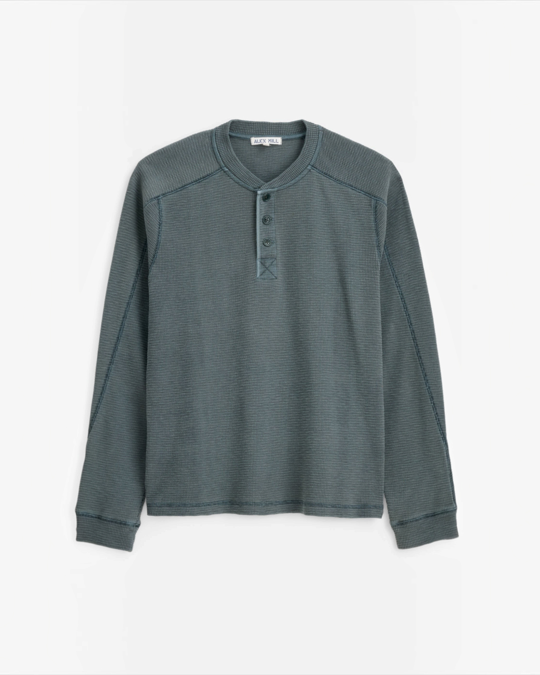 T-shirt Henley Merci Paris Alex Mill en coton mélangé thermique couleur sauge avec patte de boutonnage et coutures
