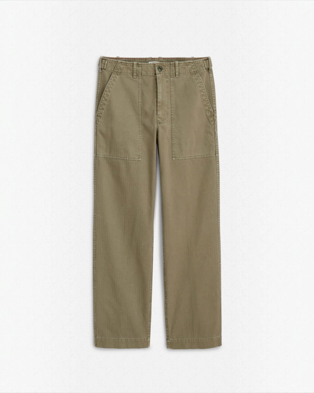Pantalon Field Merci Paris par Alex Mill en toile de coton à chevrons couleur olive vintage avec poches plaquées