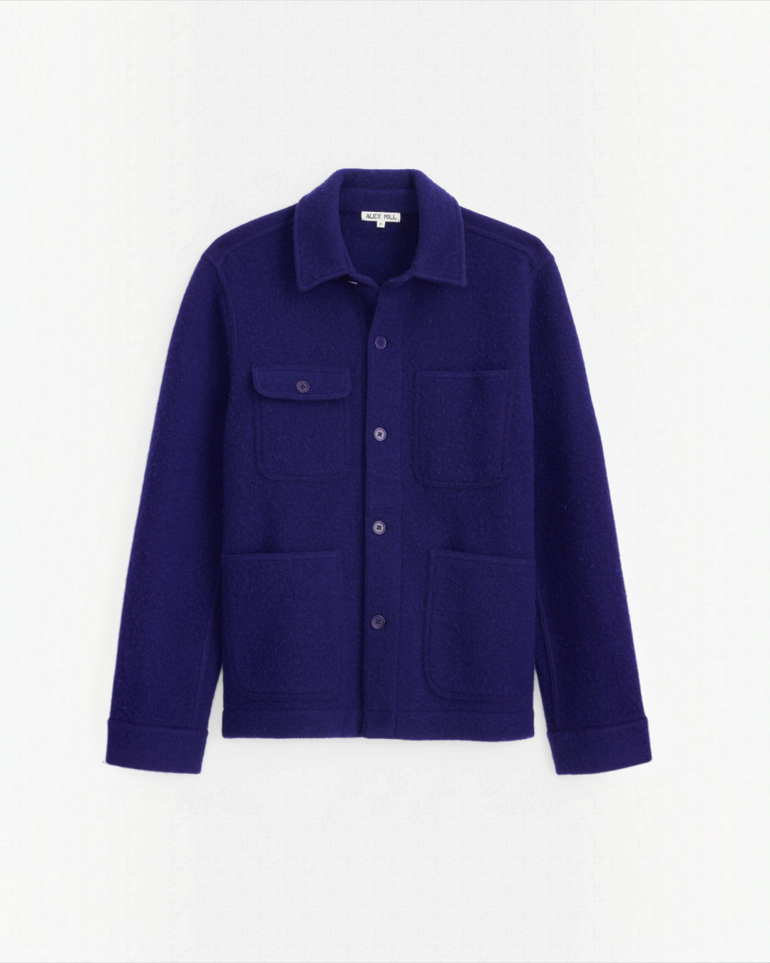 Veste de travail Merci Paris Alex Mill en laine mérinos bouillie violette avec poches plaquées et boutons corozo