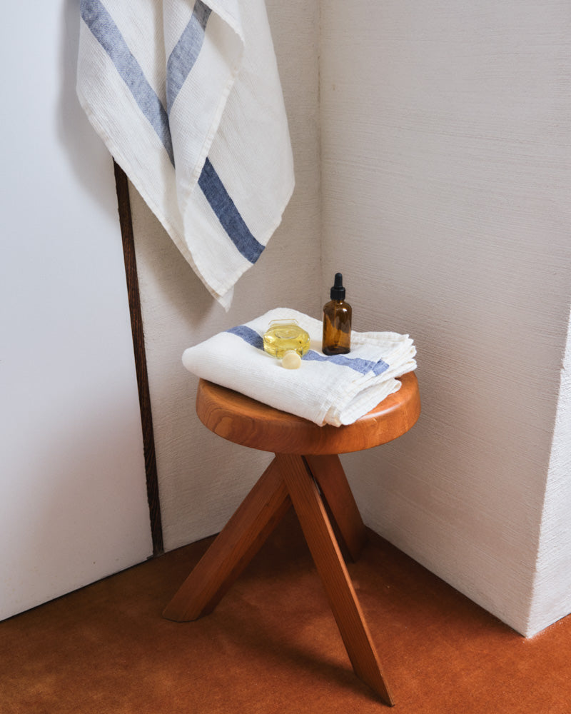 Merci - Serviette De Bain En Lin Nid D'Abeille - Bande Bleu Pacifique