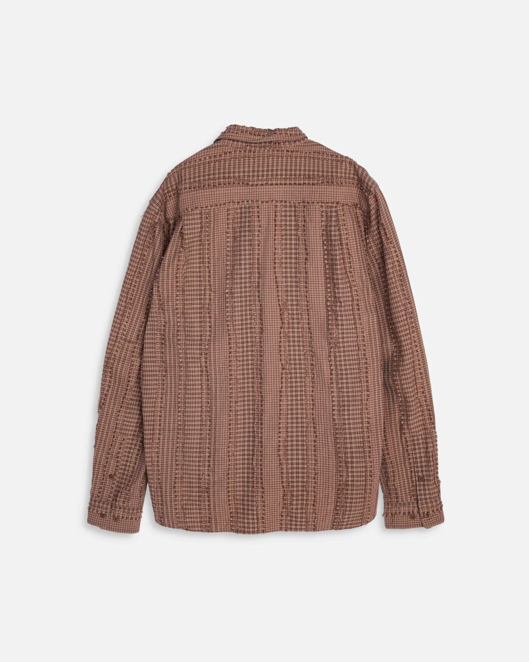 Vue arrière de la chemise YMC Curtis marron à carreaux en mélange de coton et laine avec finitions effilochées