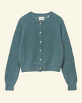 Cardigan bleu Dôen Petra in alpaca and merino wool blend with shell buttons and ribbed finishes