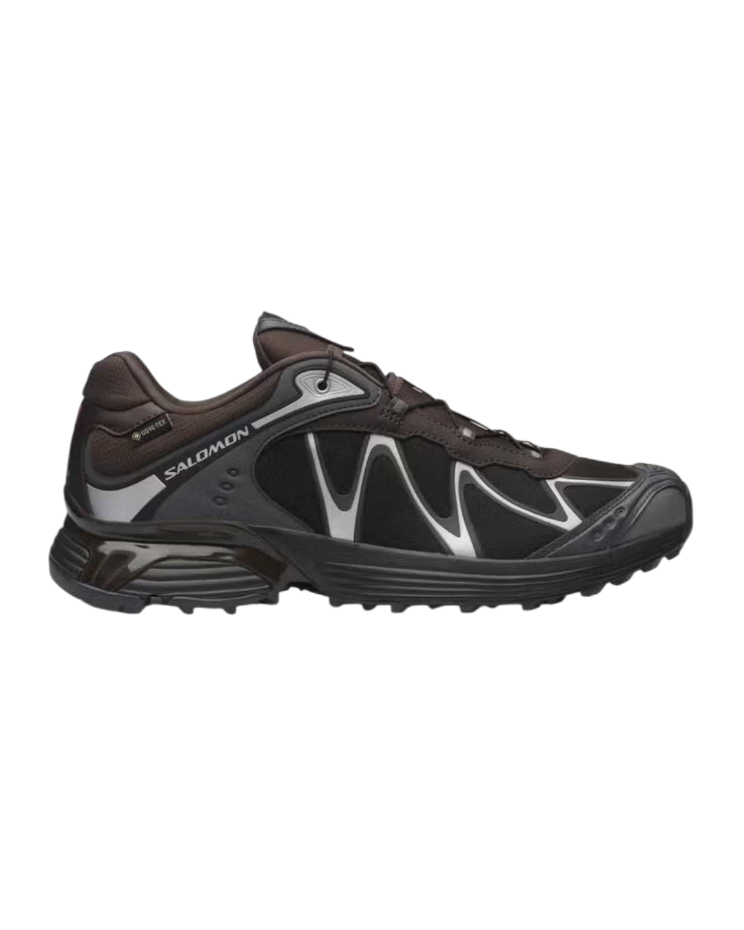 Baskets Salomon XT-Whisper Gore-Tex marron et noir avec détails réfléchissants, style technique outdoor