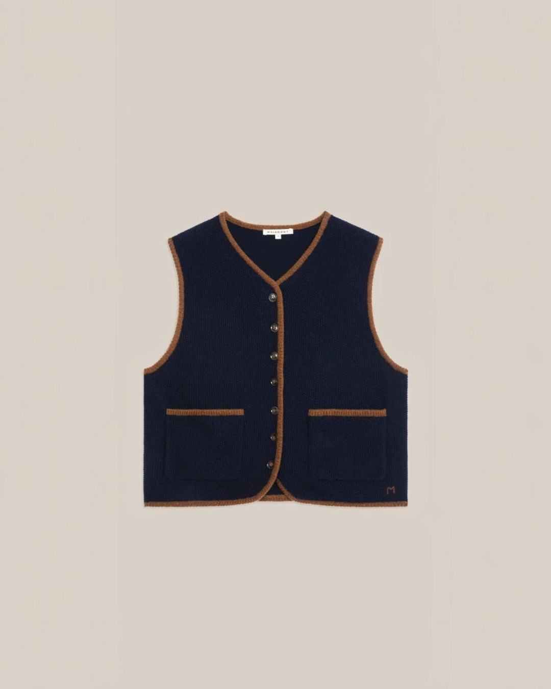 Gilet sans manches Merci Paris Moismont Angele en laine mérinos bleu marine avec finitions contrastées marron