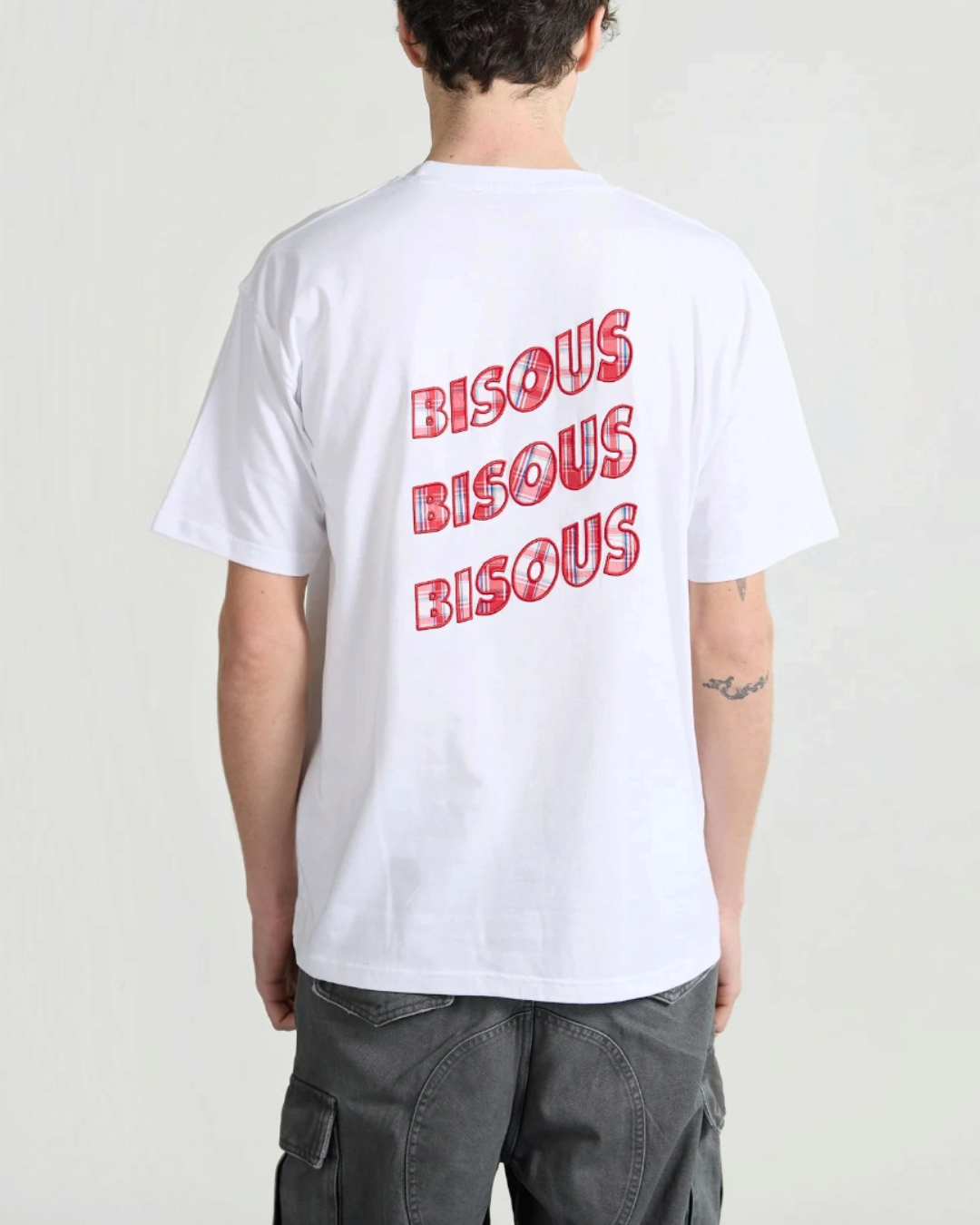 T-shirt blanc Merci Paris Bisous Skateboard en coton avec logo rouge et bleu à motif tartan au dos