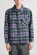 Surchemise en flanelle Merci Paris Bisous Skateboard à carreaux violet, vert et noir avec broderie sur le bas