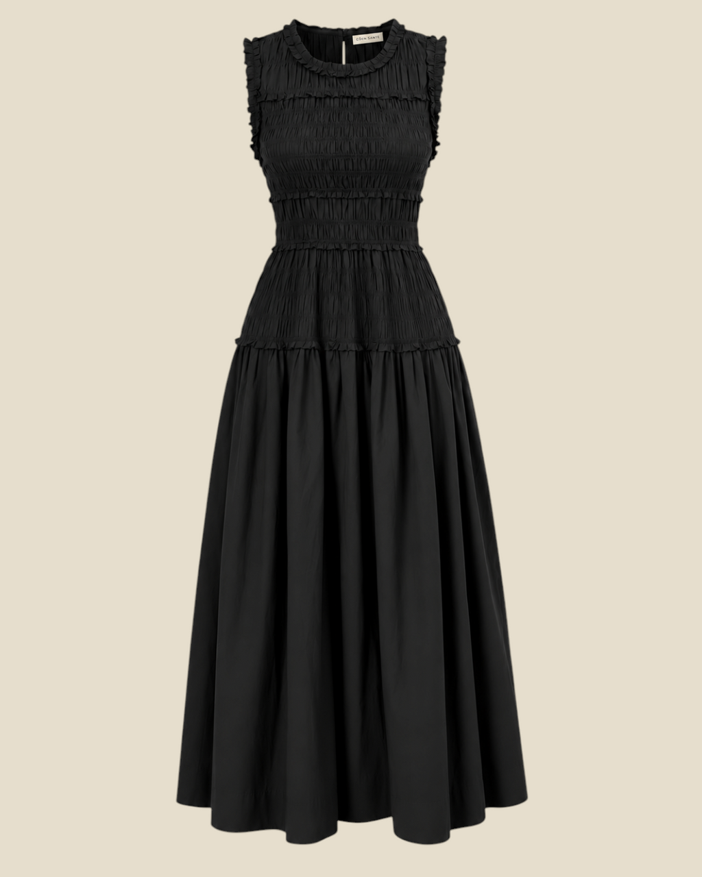 Black midi dress Merci Paris Dôen Mallory in organic cotton poplin with smocked bust and full gathered skirt